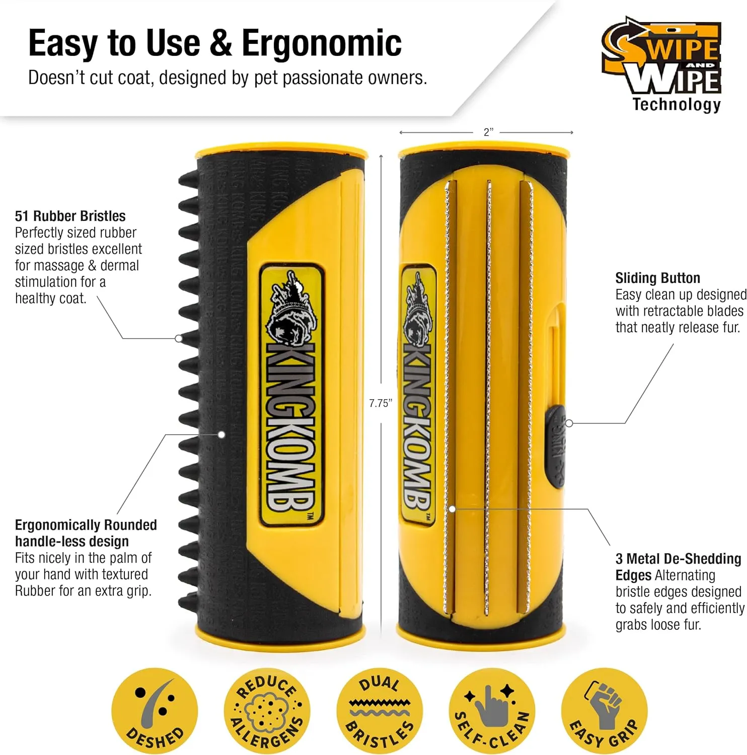 ITEM# 0192   King Komb | Multi-Use Deshedding Grooming Tool | Top & Undercoat | Self Clean | Retractable Blades | 3 Metal Deshedding Edges | Rubber Bristles for Grooming | Large (Watch Video)