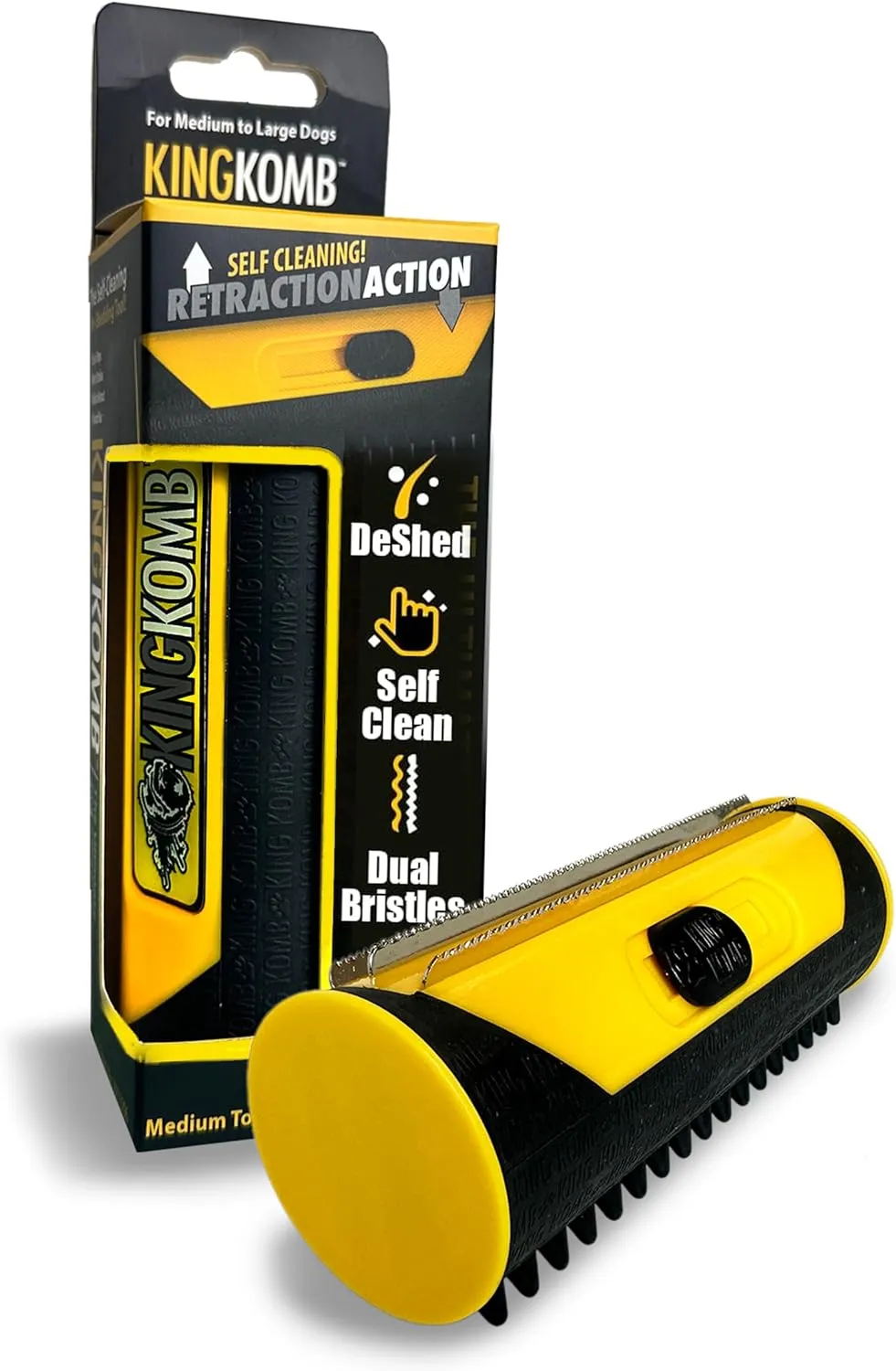 ITEM# 0192   King Komb | Multi-Use Deshedding Grooming Tool | Top & Undercoat | Self Clean | Retractable Blades | 3 Metal Deshedding Edges | Rubber Bristles for Grooming | Large (Watch Video)