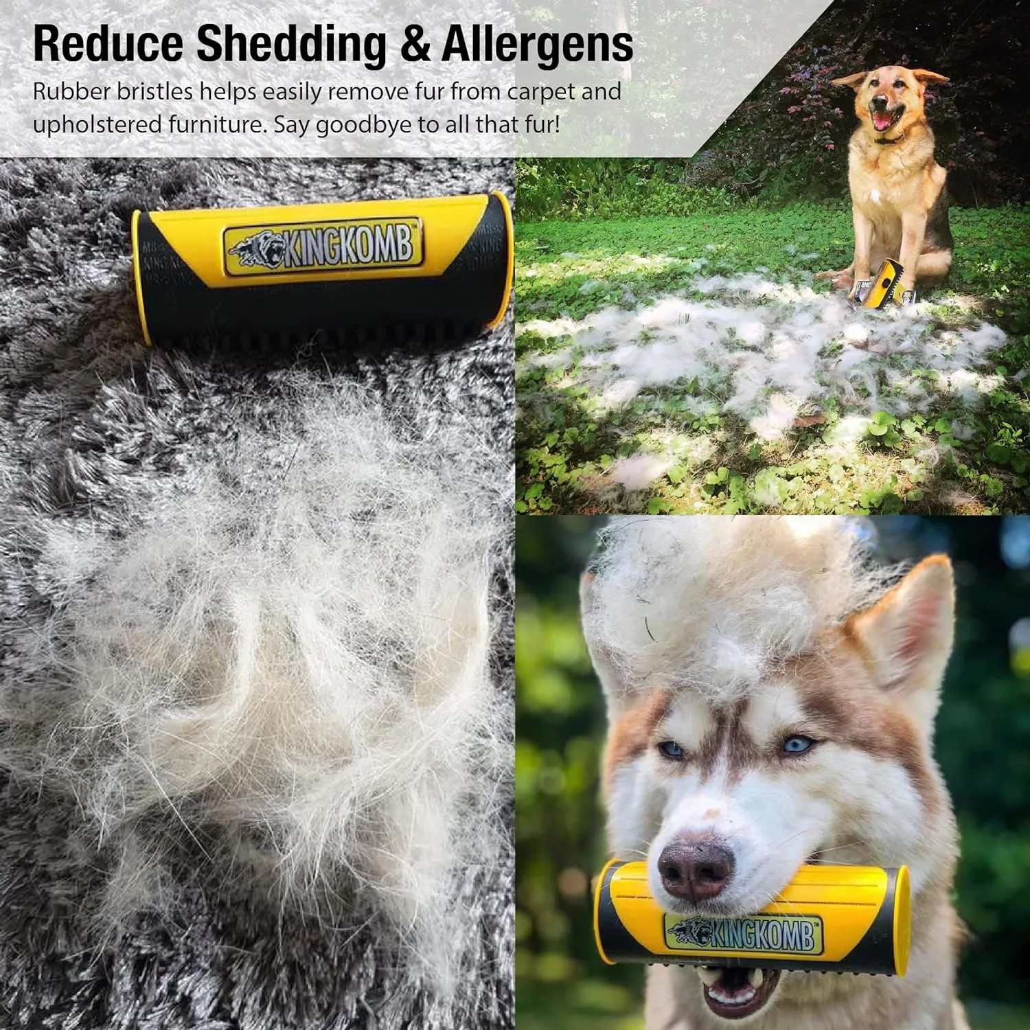 ITEM# 0192   King Komb | Multi-Use Deshedding Grooming Tool | Top & Undercoat | Self Clean | Retractable Blades | 3 Metal Deshedding Edges | Rubber Bristles for Grooming | Large (Watch Video)