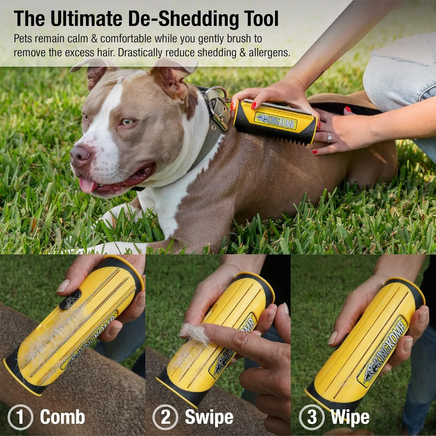 ITEM# 0192   King Komb | Multi-Use Deshedding Grooming Tool | Top & Undercoat | Self Clean | Retractable Blades | 3 Metal Deshedding Edges | Rubber Bristles for Grooming | Large (Watch Video)