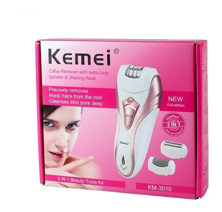 Kemei KM-3010 Rechargeable Electric Epilator 3 in 1 Woman Shaver Hair Removal Trimmer Bikini Legs Body