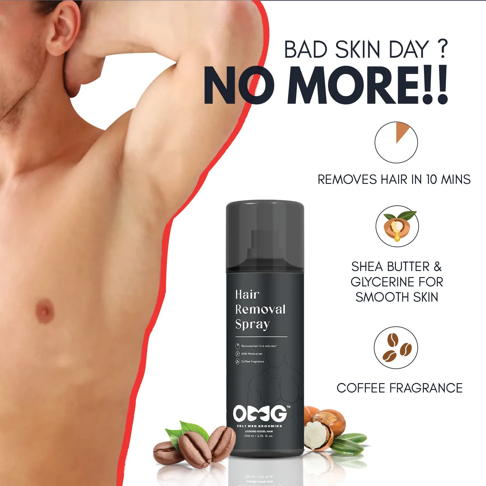 OMG Hair Removal Spray for Men | Painless Body Hair Removal Spray for Chest Back Hands Legs and Intimate Areas | with Coffee Fragrance Shea Butter and Glycerine | Works in less than 10 Minutes| 200ml